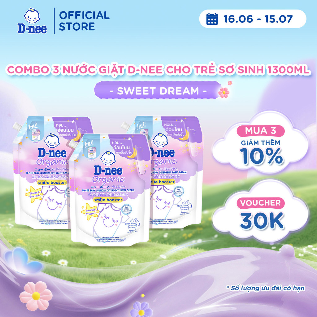 Combo 3 Nước giặt quần áo em bé D-nee 1300 ML - Dnee Sweet Dream (Smile Booster Series) hương thơm dịu nhẹ