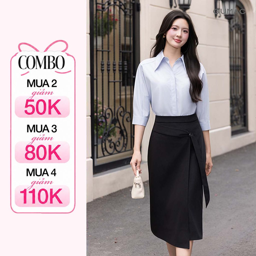 Chân Váy Nữ Dáng A Xòe GUMAC Kiểu Vạt Đắp Chéo Dây Thả Đính Nút Trang Trí Thanh Lịch VG03033
