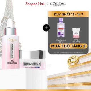 Combo hỗ trợ dưỡng sáng da mờ thâm nám L'oreal Paris Serum Glycolic melasyl 8% 30ml & Kem đêm Glycolic Bright 50ml
