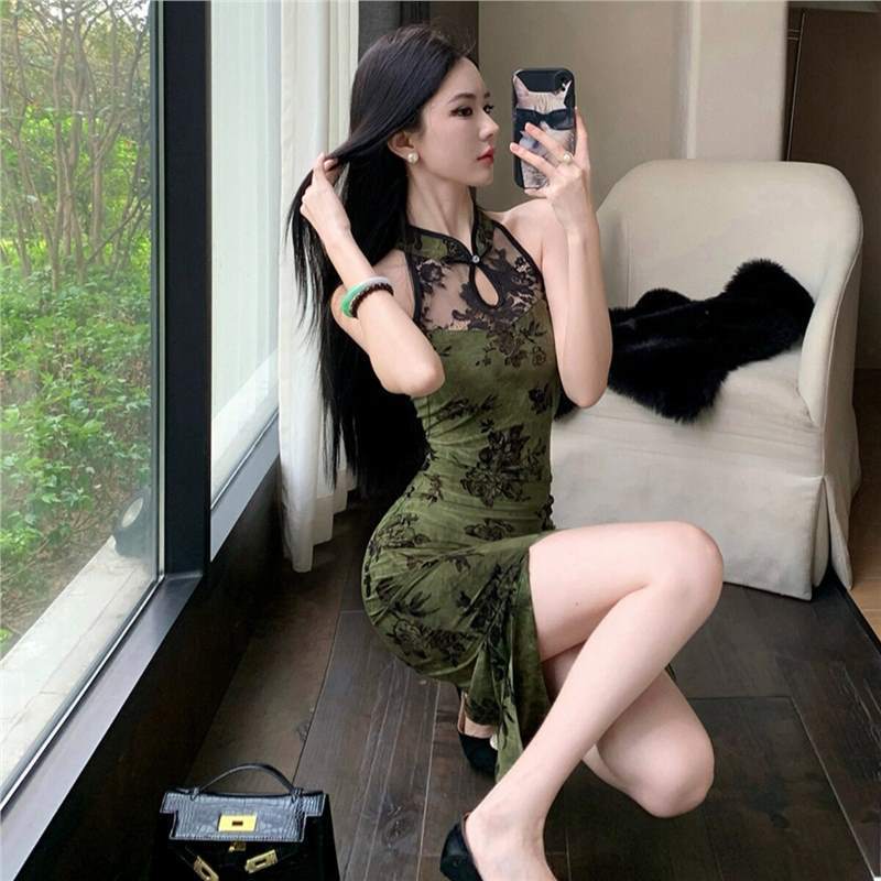 Đầm sườn xám nữ phong cách Trung Hoa mới, thích hợp mặc hàng ngày, có chi tiết ren gợi cảm