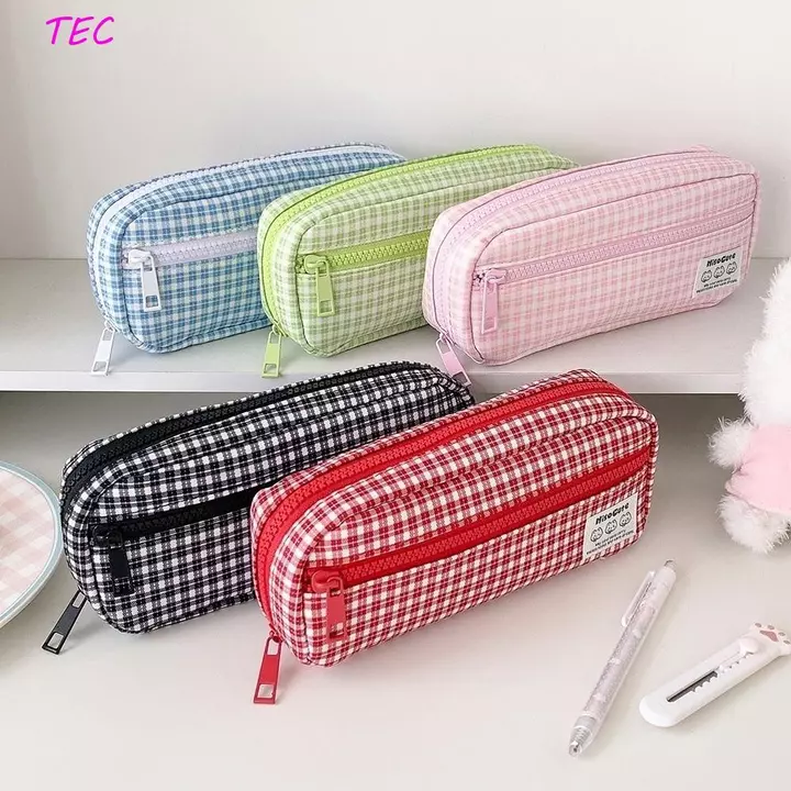 Túi đựng bút lưới TEC, Hộp đựng bút kẻ sọc Y2k, Hộp đựng mỹ phẩm trang điểm Lưu trữ máy tính để bàn Văn phòng phẩm Vải dung tích lớn Túi văn phòng phẩm Đồ dùng văn phòng phẩm