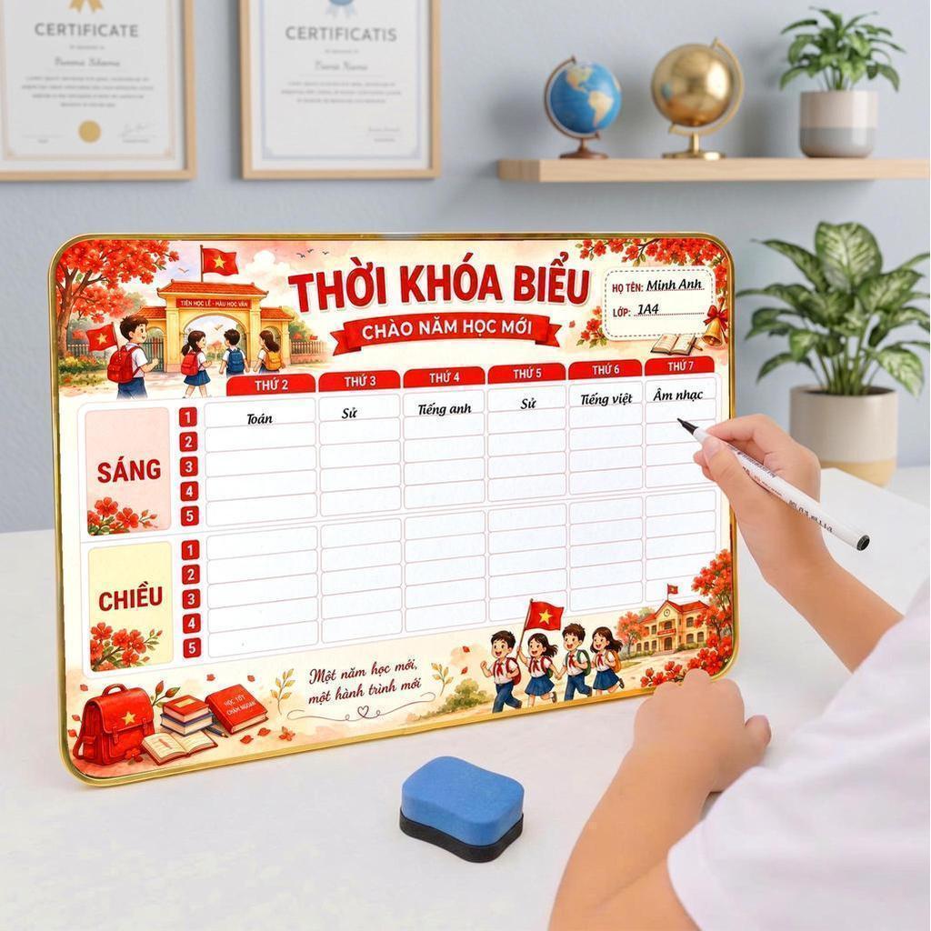 Khung gỗ thời khóa biểu vĩnh cửu l MINH ANH MEDIA - Tặng bút xóa được - Bo viền vàng cao cấp - chân để bàn kim loại