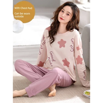 set đồ ngủ dài set thu đông nữ Đồ ngủ dài tay có đệm ngực đồ nữ mùa thu 2026 họa tiết ngôi sao trang phục nữ cổ tròn thường ngày có thể mặc ngoài bộ đồ mặc nhà