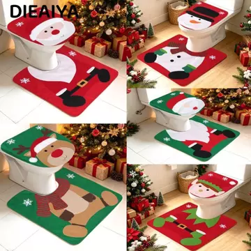 Vỏ bọc ghế vệ sinh Giáng sinh DIAIYA, Bộ hai mảnh Thảm tắm Giáng sinh thiết kế ông già Noel, Họa tiết người tuyết nai sừng tấm dễ thương Trang trí sáng tạo Bộ thảm tắm thấm mềm cho gia đình