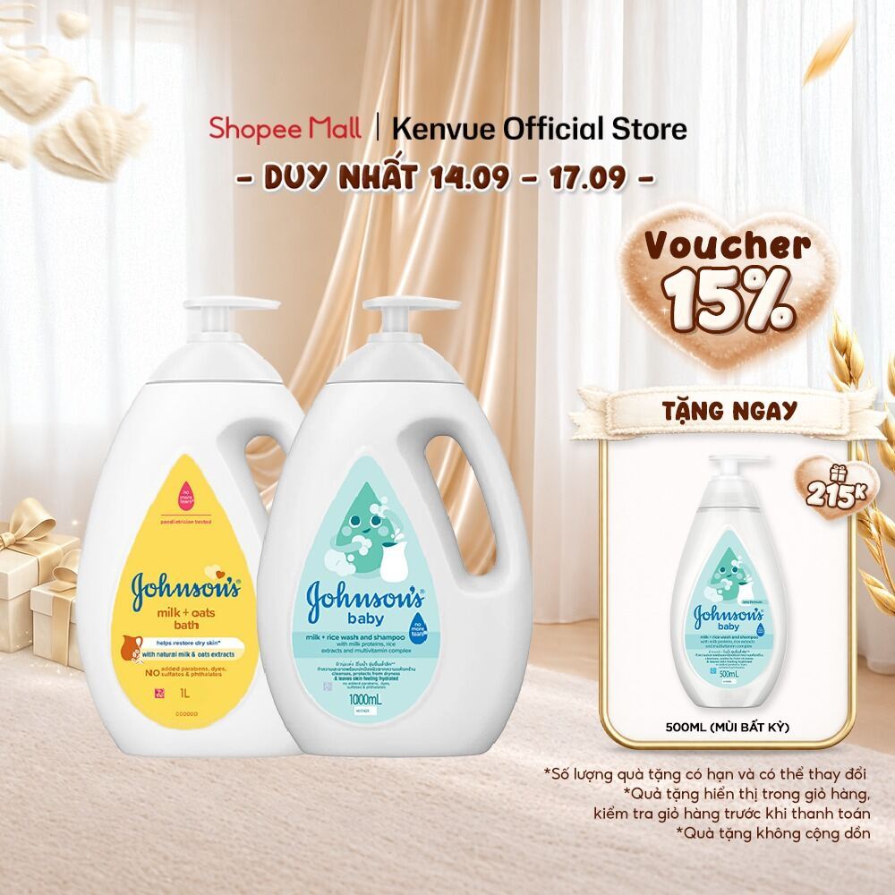Bộ 2 chai Sữa tắm cho bé Johnson's Baby chiết xuất từ sữa và gạo/yến mạch giúp tăng đề kháng và bảo vệ da bé 1000mlx2