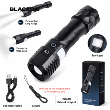 Đèn pin sạc BLACKON, Đèn pin LED sạc USB ABS, Đèn pin có thể phóng to tầm xa Đèn pin có thể phóng to có thể phóng to Đèn pin chiếu sáng ngoài trời