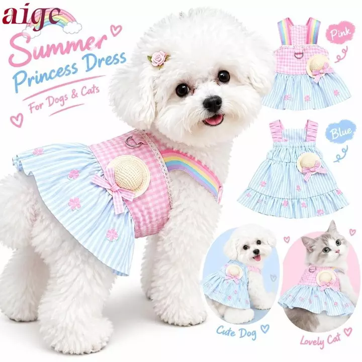 Đầm cho chó mèo AIGE, Mũ không tay cho thú cưng Sundress, Màu hồng dễ thương Thoải mái thoáng khí Trang phục cho chó mèo Đồ dùng cho thú cưng