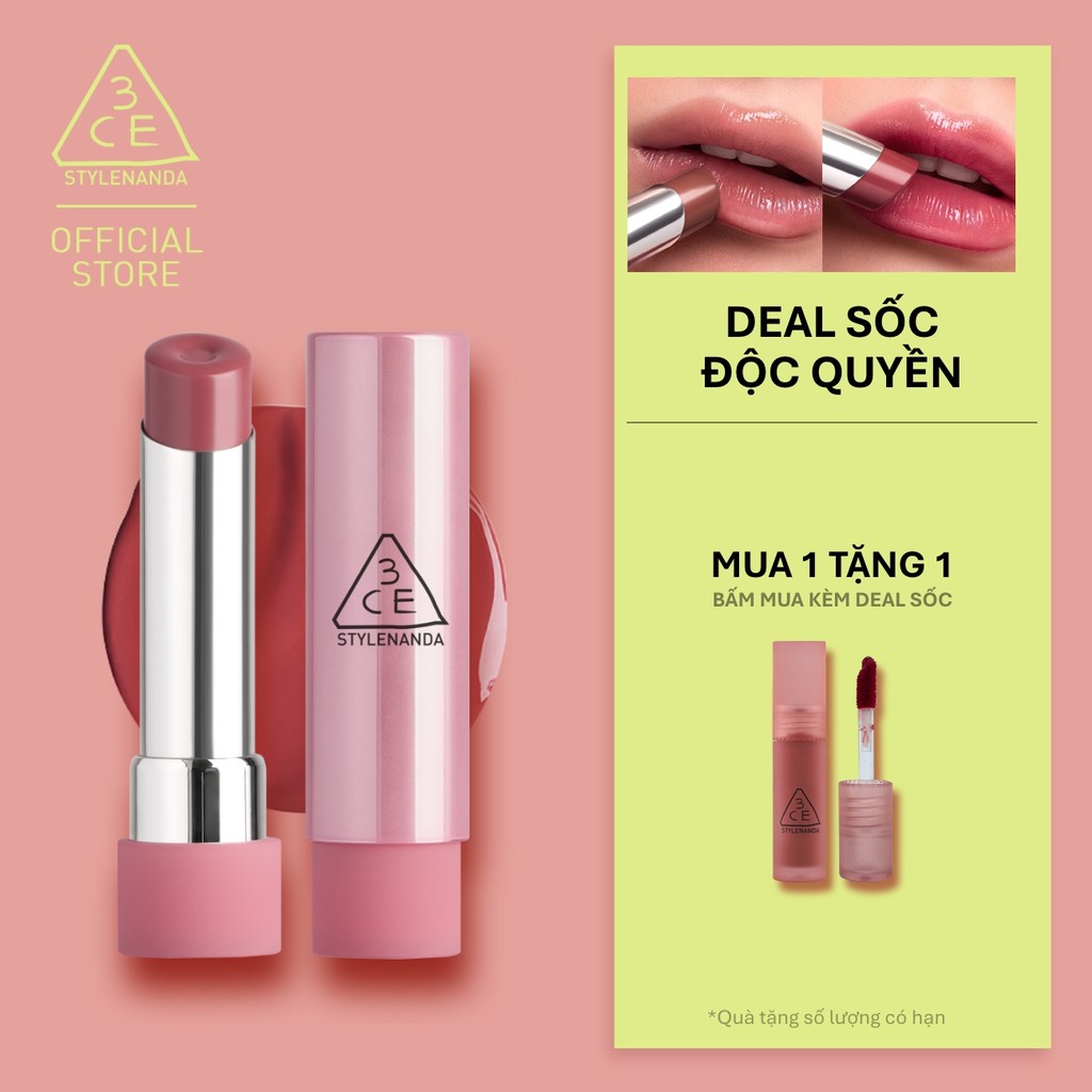 Son Bóng 3CE Glazy Lip Glow Dưỡng Môi Căng Mọng, Mềm Mịn, Lên Màu Chuẩn Sắc, Không Bết Dính, Tự Nhiên