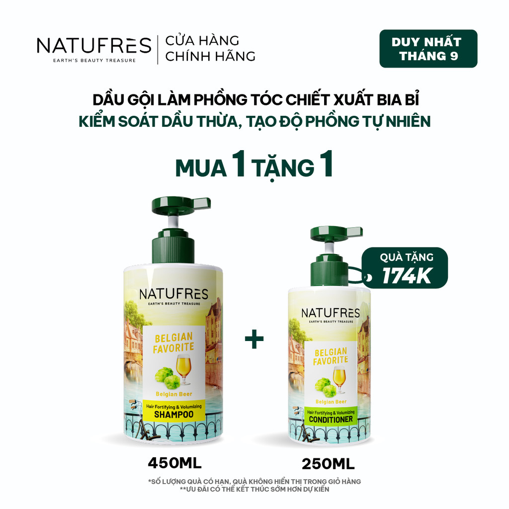 Dầu Gội Làm Phồng Tóc, Kiểm Soát Dầu Thừa, Ngăn Bết Dính Natufres Belgian Favorite Chiết Xuất Bia Bỉ - 250ml / 450ml