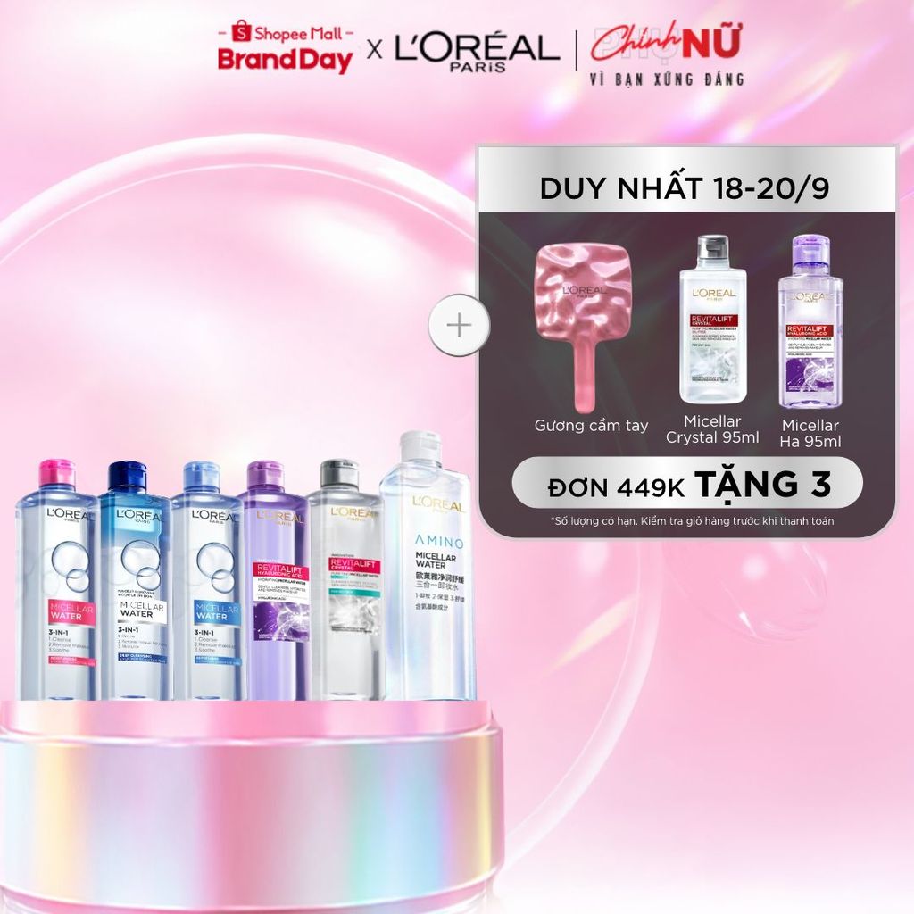 [AMINO MICELLAR MỚI] Nước tẩy trang làm sạch sâu, loại bỏ bụi bẩn & trang điểm 3-in-1 L'Oreal Paris Micellar Water 400ml