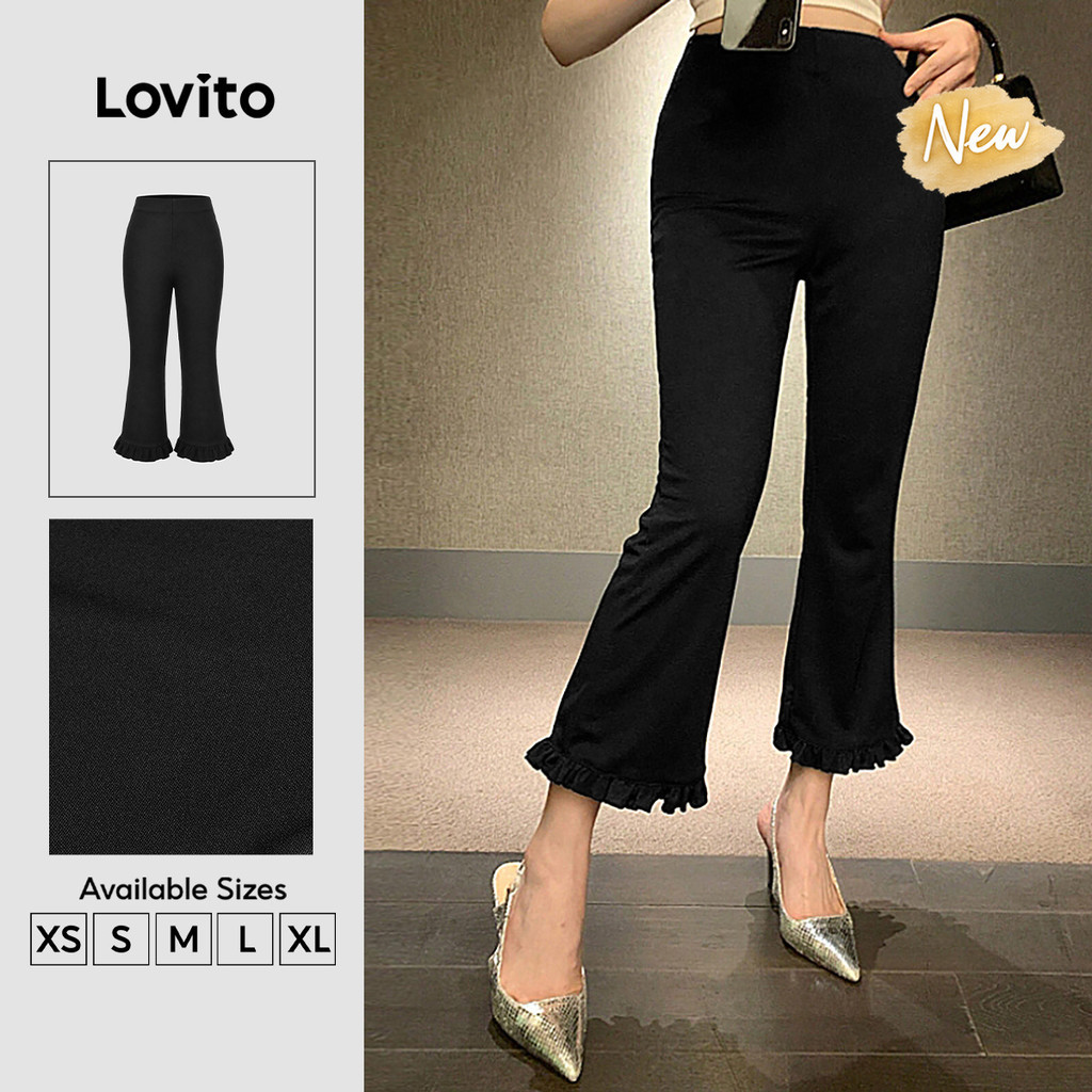 (New Arrival) Lovito Quần nữ màu đen cạp Cao ống Loe bèo nhún Phong cách thường ngày thoải mái và đa năng Cho mùa xuân hè mặc cuối tuần PTB206TD057