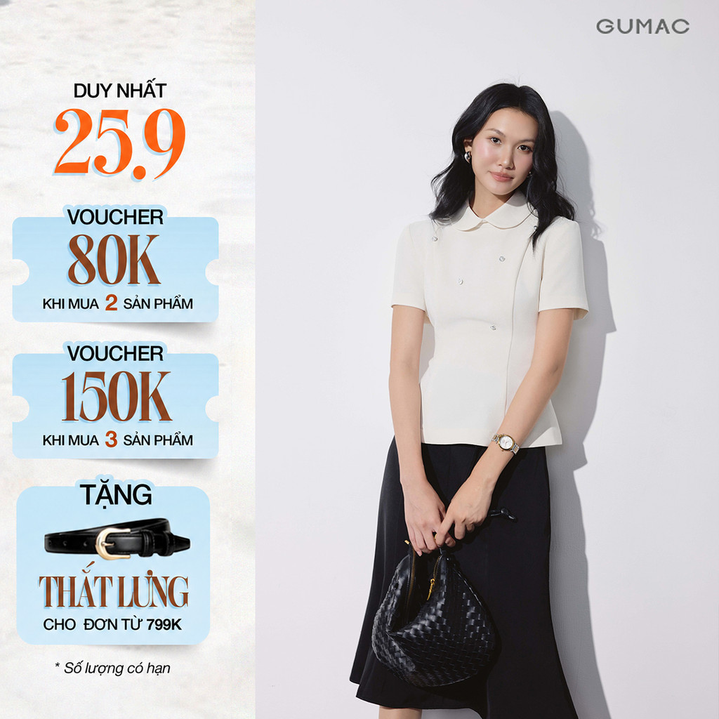[MUA 2 GIẢM 80K] Áo Kiểu Peplum Nữ GUMAC Tay Ngắn Cổ Sen Đính Nút Kiểu Dây Kéo Bigsize Thanh Lịch Công Sở LAG09083
