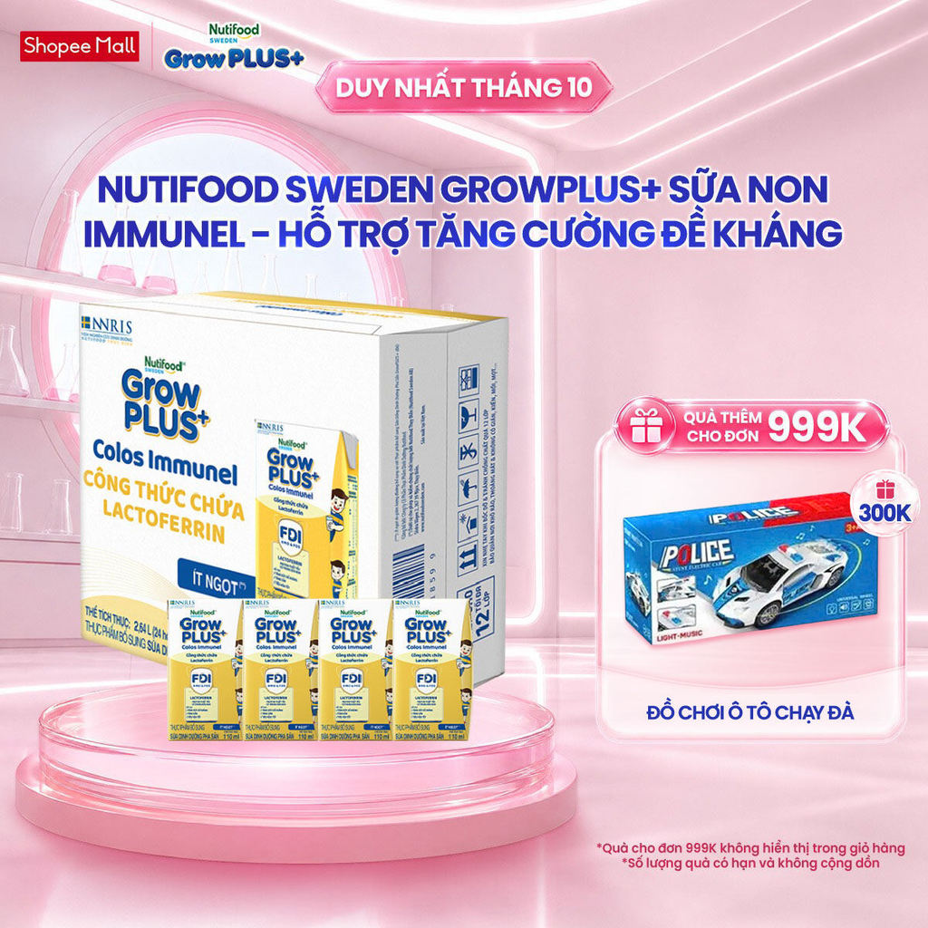 Thùng 24 hộp Sữa Bột Pha Sẵn Nutifood Sweden GrowPLUS+ Sữa Non Immunel (24 hộp x 110 ml) (Bao bì tuỳ lô hàng)