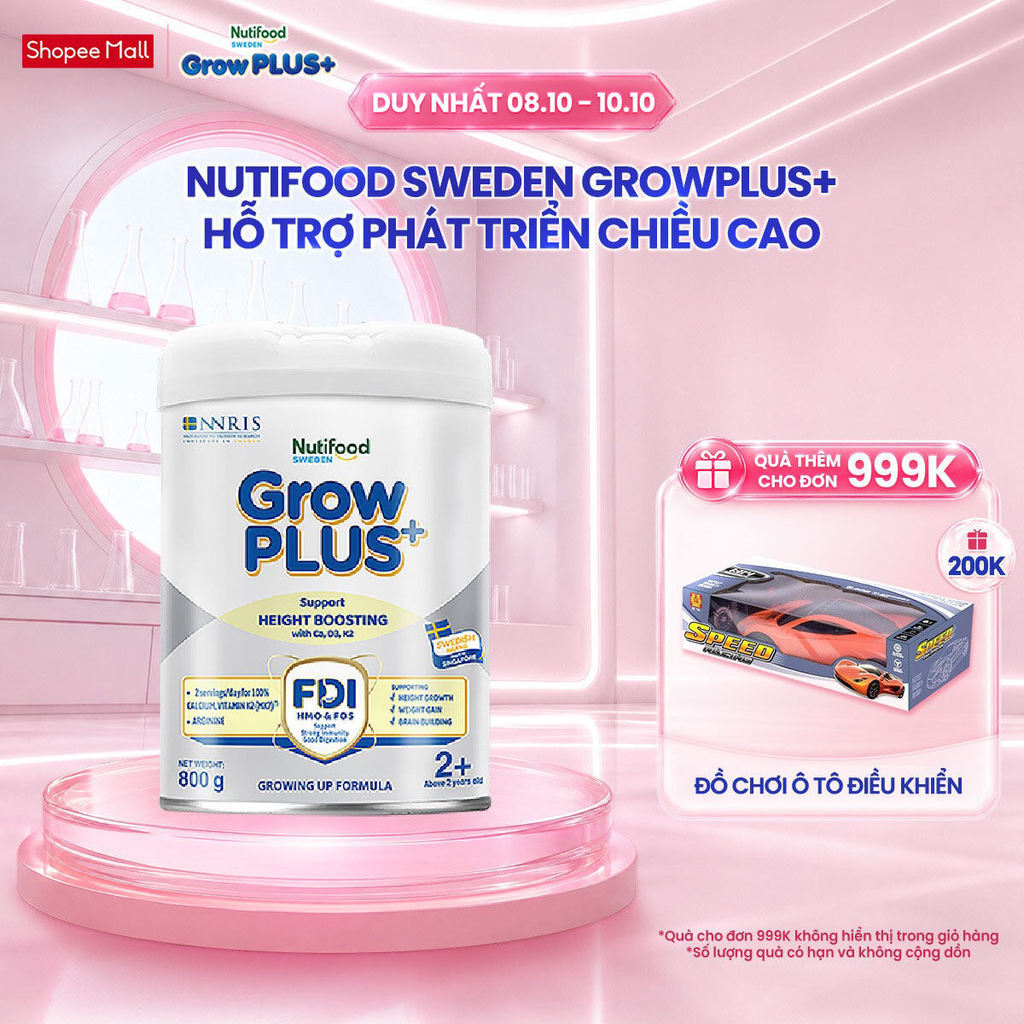 Sữa Bột Nutifood Sweden GrowPLUS+ Cao lớn vượt trội trên 2Tuoi (Bạc) 800g