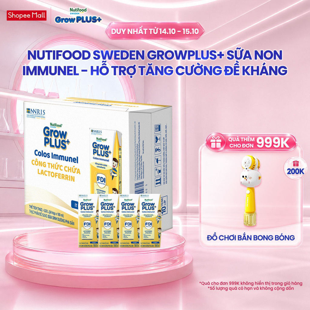 Thùng 24 hộp Sữa Bột Pha Sẵn Nutifood Sweden GrowPLUS+ Sữa Non Immunel hộp 180 ml (Bao bì tuỳ lô hàng)