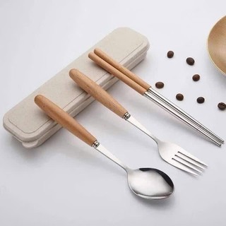 [Hàng đẹp] Bộ muỗng đũa nĩa cao cấp chất liệu inox, cán gỗ, kèm hộp đựng - tiện dụng, siêu bền