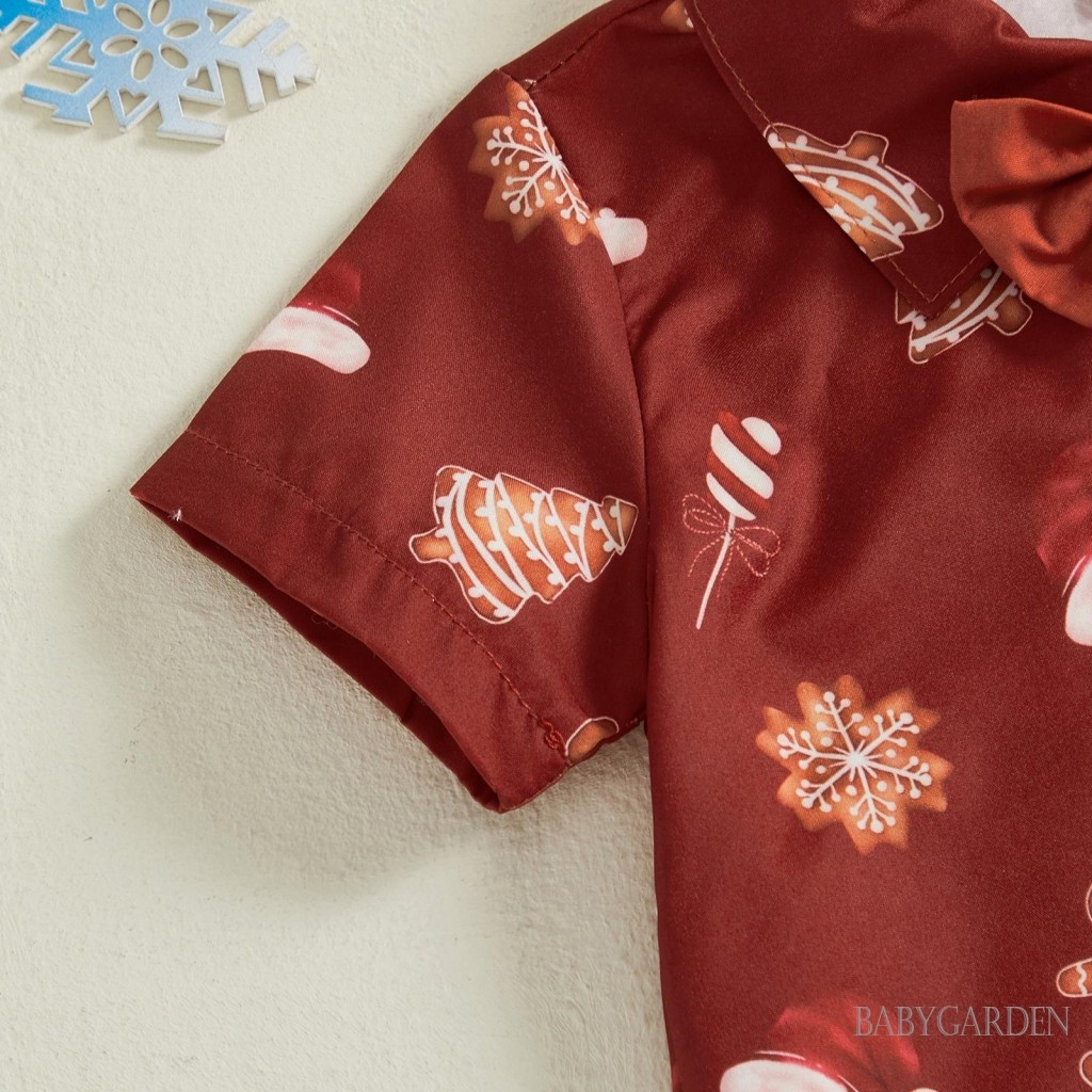 Bộ quần áo Giáng sinh bé trai ngắn tay Áo sơ mi in hình người đàn ông bánh gừng + Quần Short