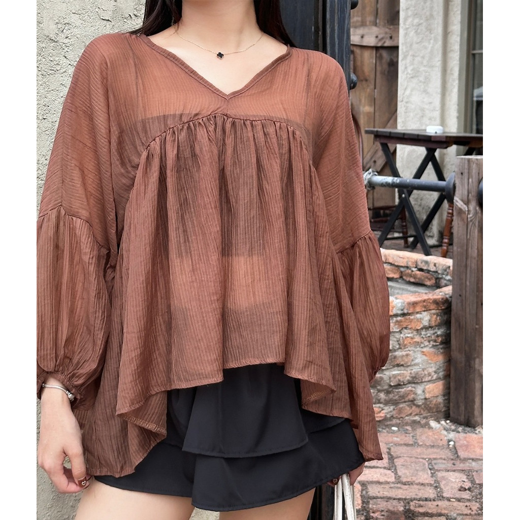 Áo Nữ Dáng Babydoll Kiểu Tay Bồng Cổ V  Phong Cách Tiểu Thư Sang Chảnh A51313