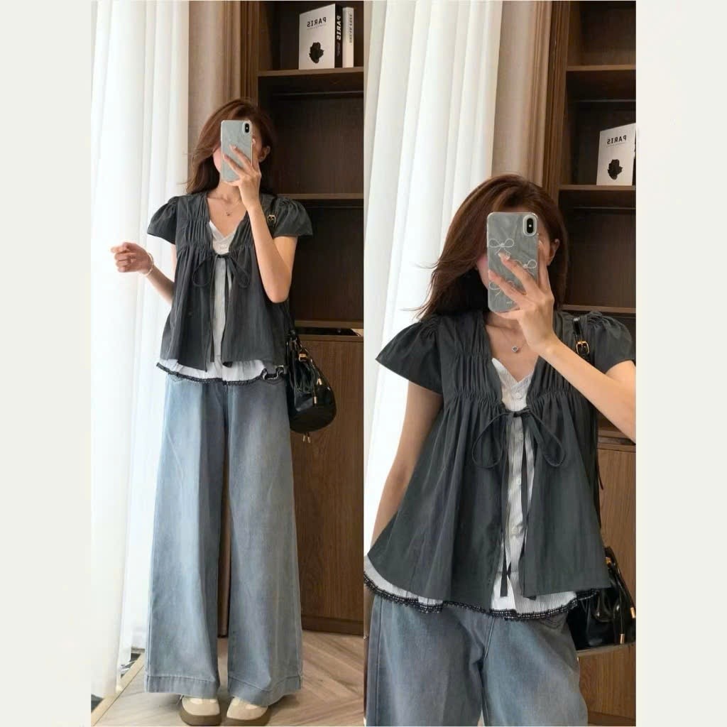 Áo Babydoll Cổ V Phối Kẻ Mix Viền Ren  MA4066