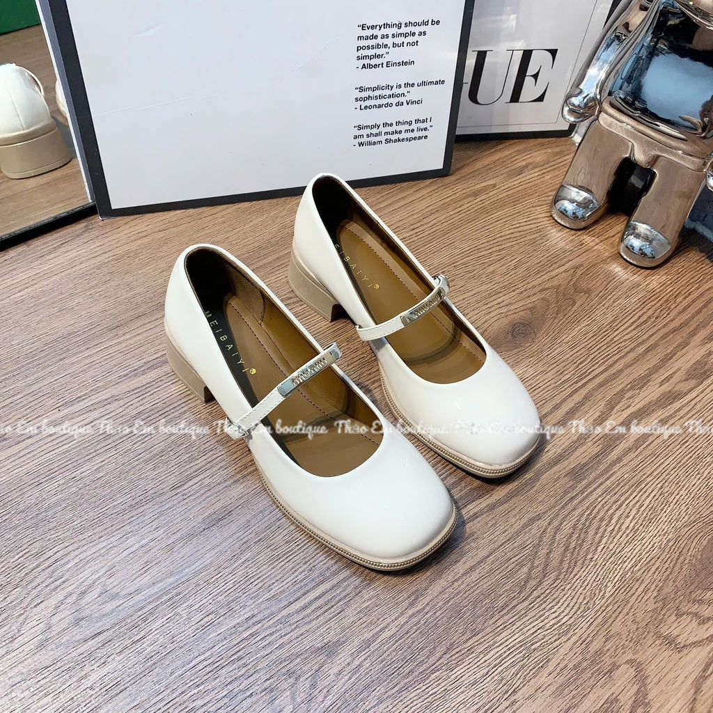 [Có Sẵn - GC48 ] Giày búp bê nữ mũi tròn quai ngang phối khuy chữ đế cao 4-5p cá tính