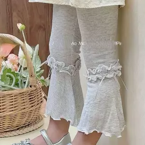 Bé gái (90-130) Quần dài đến mắt cá chân bằng lụa băng siêu mỏng mùa hè Quần dài đến mắt cá chân có ren hơi co giãn vừa vặn