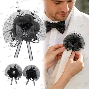 PYCOU Hoa Hồng Corsage, Vải Hoa Vải Tuyn Lưới Cổ Tay Corsage, Màu Đen Ruy Băng Thiết Kế Đeo Hoa Trâm Cài Tiệc Cưới