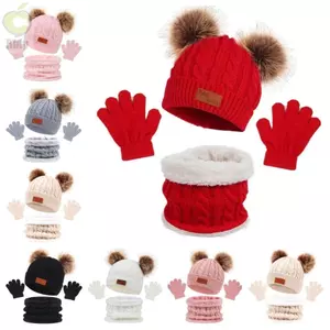 ROLY 3 chiếc Bonnet cho trẻ mới biết đi, Bộ găng tay khăn quàng cổ ấm áp ngoài trời màu trơn, Phụ kiện trẻ sơ sinh dày dễ thương Mũ dệt kim Pompom chống gió mùa đông