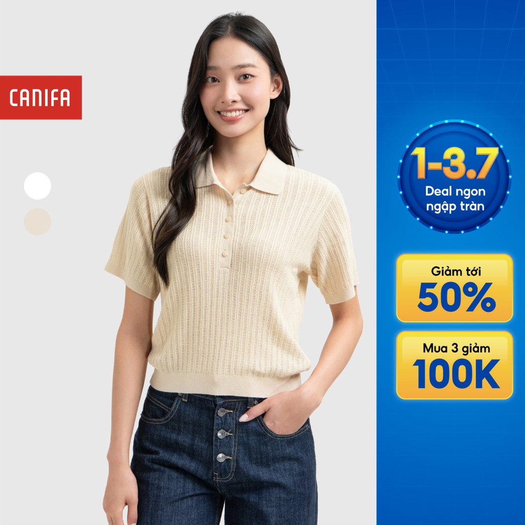 Áo len Mongtoghi nữ CANIFA cộc tay cổ bẻ, áo len tăm cộc tay mùa hè 6TE26S007