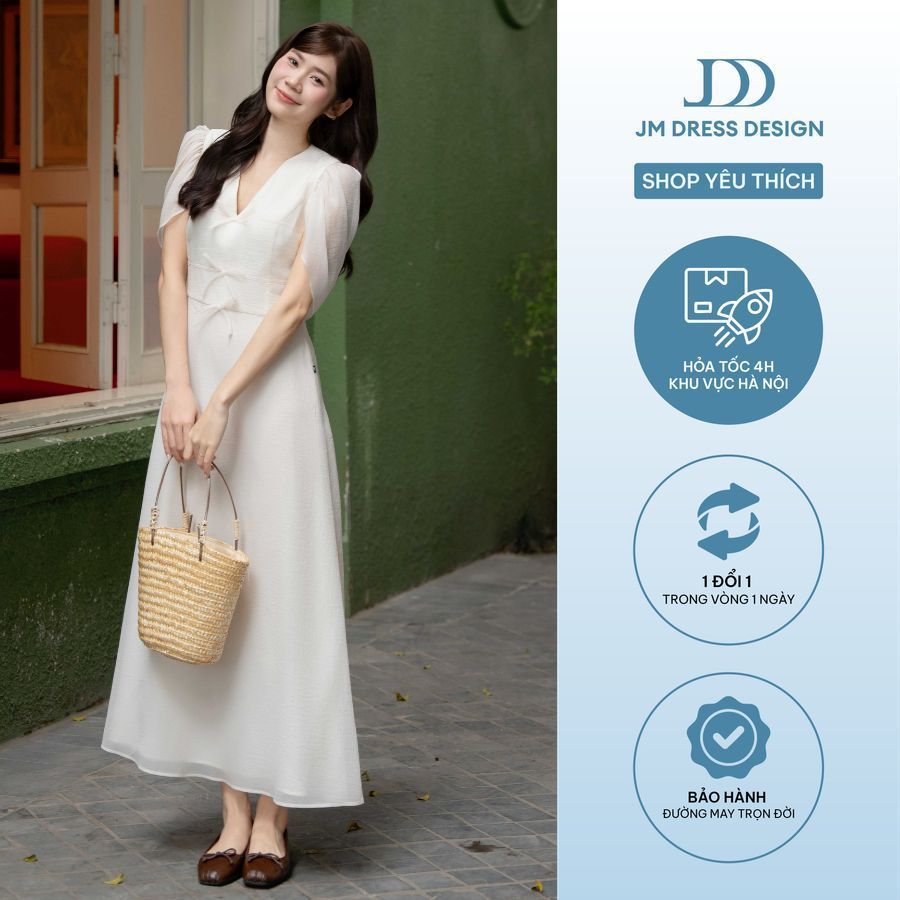 Đầm Xuân Hè Dài Cổ V Tay Choàng Nhún 1S12.2601. Đầm Midi Tơ Tay Sheer Đính Nơ Thanh Lịch Dự Tiệc Nhẹ, Hẹn Hò Thiết Kế JM