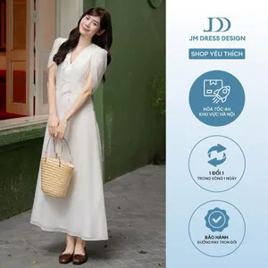 Đầm Xuân Hè Dài Cổ V Tay Choàng Nhún 1S12.2601. Đầm Midi Tơ Tay Sheer Đính Nơ Thanh Lịch Dự Tiệc Nhẹ, Hẹn Hò Thiết Kế JM