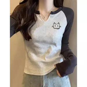 Áo thun dài tay in hình cổ chữ V phong cách mới Niche Thiết kế thịt Màu sắc tương phản Tất cả @