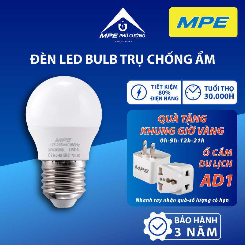 (CHÍNH HÃNG) MPE - Đèn LED bulb chống ẩm 3W - 5W - 7W - 9W - 12W -15W ánh sáng trắng - vàng tiết kiệm điện