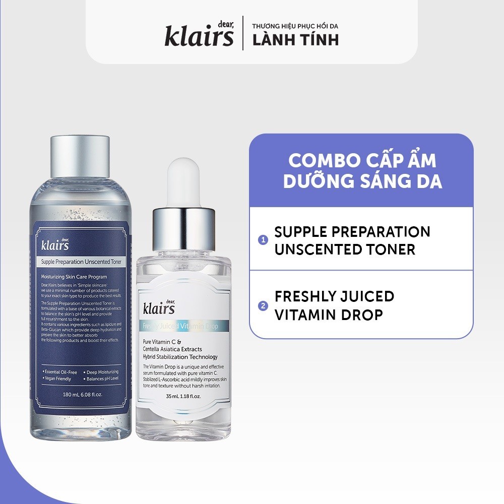 Combo Dear Klairs Freshly Juiced Vitamin Drop + Supple Preparation  Toner 180ml [FS]