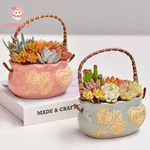 PWSSEND Chậu trồng cây mọng nước, Trang trí trang trí Chậu hoa mọng nước sáng tạo, có tay cầm Chậu hoa nhựa chống ăn mòn đa chức năng