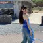 HFSHY Màu Xanh Không Đều Chấm Bi Nữ Mùa Hè Xù Viền Không Tay Áo Thiết Kế Áo Thun VN
