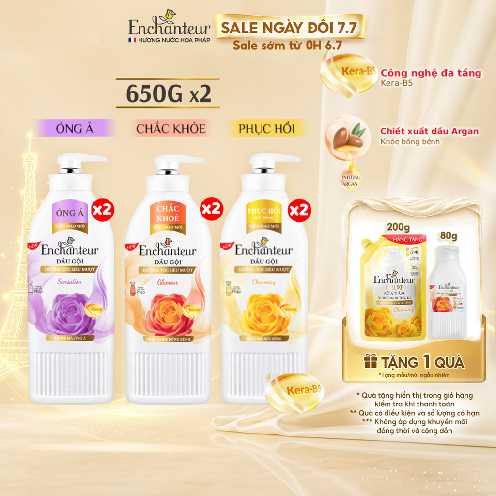 Combo 2 Dầu gội dưỡng tóc mượt thơm lâu ENCHANTEUR Charming Phục Hồi Sức Sống/Sensation Mượt Mà Óng Ả 650g/chai