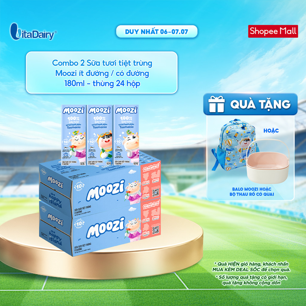 [COMBO 2 THÙNG 24 HỘP] Sữa tươi tiệt trùng Moozi có đường/ít đường 180ml - Thơm ngon dễ uống, Bổ sung năng lượng