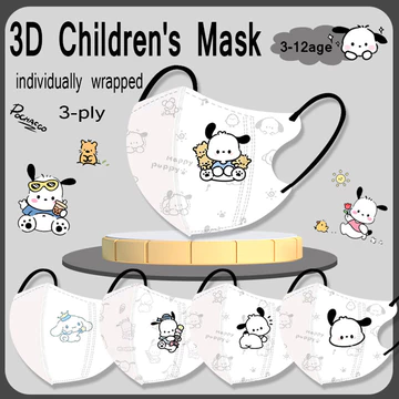 Khẩu trang trẻ em 3D chất lượng cao dành cho lứa tuổi 3-12 được đóng gói riêng với nền trắng Sanrio màu trơn in hoạt hình mặt nạ trẻ em thời trang và đa năng
