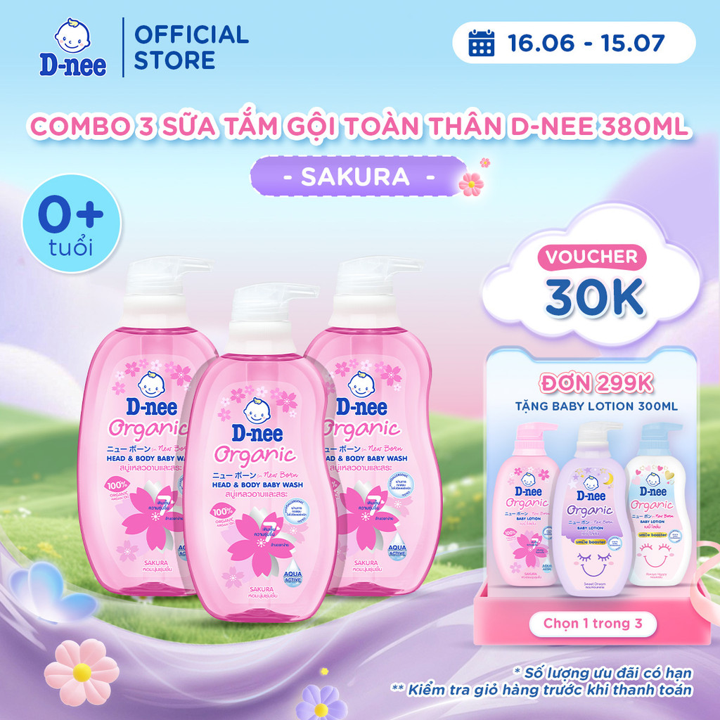 Combo 3 Tắm gội toàn thân em bé (<3 tuổi) D-nee 380 ML - Sakura