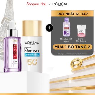Bộ đôi chống nắng water gel UV Defender Aquafusion 50ML & Serum siêu cấp ẩm, giảm nếp nhăn L'Oreal Paris 1.5% HA 30ML
