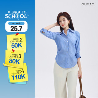 [NHẬP AFFDOG GIẢM 79K] Áo Sơ Mi Nữ GUMAC Áo Kiểu Công Sở Kẻ Sọc Tay Lửng Chiết Ly Eo Tôn Dáng Vải Kate Cao Cấp AF01024