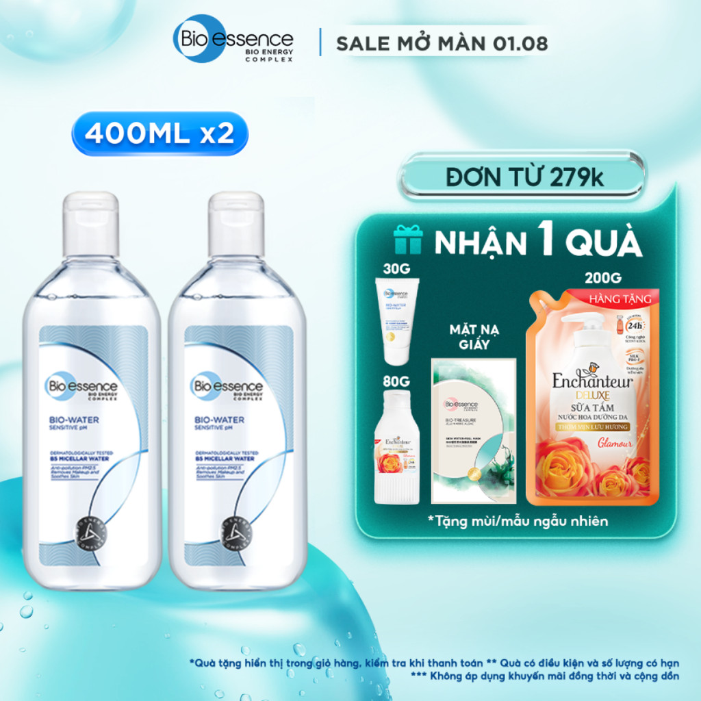 Combo 2 Nước tẩy trang phù hợp da nhạy cảm, không cồn, sạch sâu, cho làn da ẩm mượt Bio-Essence Bio-Water 400ml