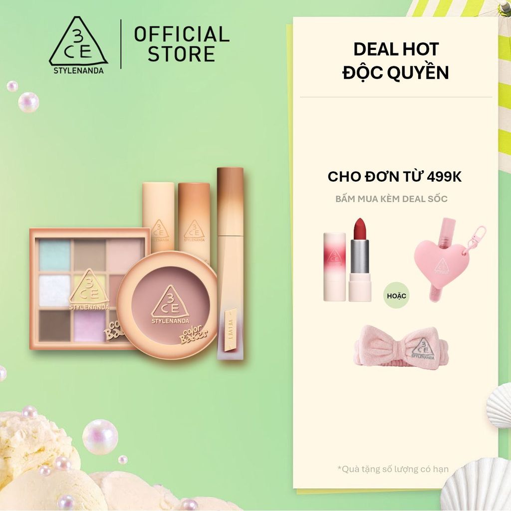 3CE BST COLOR BAKER - SON GLAZY LIP GLOW, SON VELVET PLUSH, MÁ HỒNG FACE BLUSH, BẢNG MẮT MULTI EYE 9 COLORS PALETTE