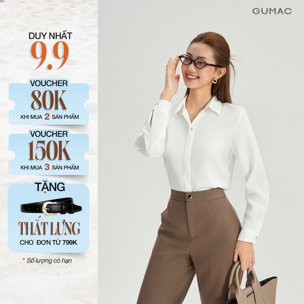 Áo Sơ Mi Nữ Tay Dài GUMAC Áo Kiểu Công Sở Lụa Trơn Basic Cơ Bản Nẹp Đôi Giấu Nút BAE00003