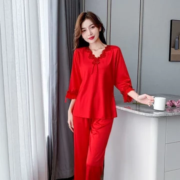 set thu đông nữ bộ đồ ngủ nữ dài tay Đồ ngủ nữ mùa hè dài tay quần dài bộ hai chiếc lụa lạnh đồ mặc nhà bộ đồ dễ thương cho nữ lụa giả lụa