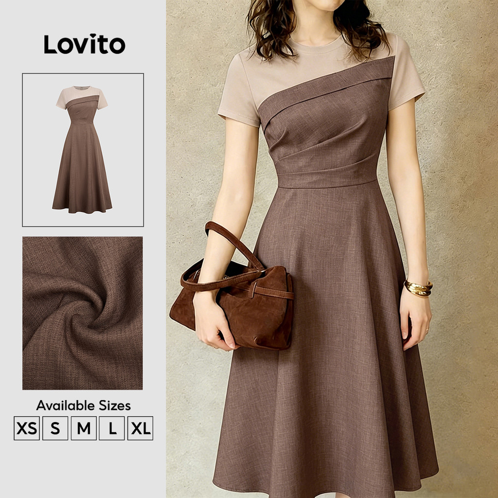 Đầm nữ Lovito nâu xuân hè xếp ly ghép nối màu sắc thanh lịch L189AD119