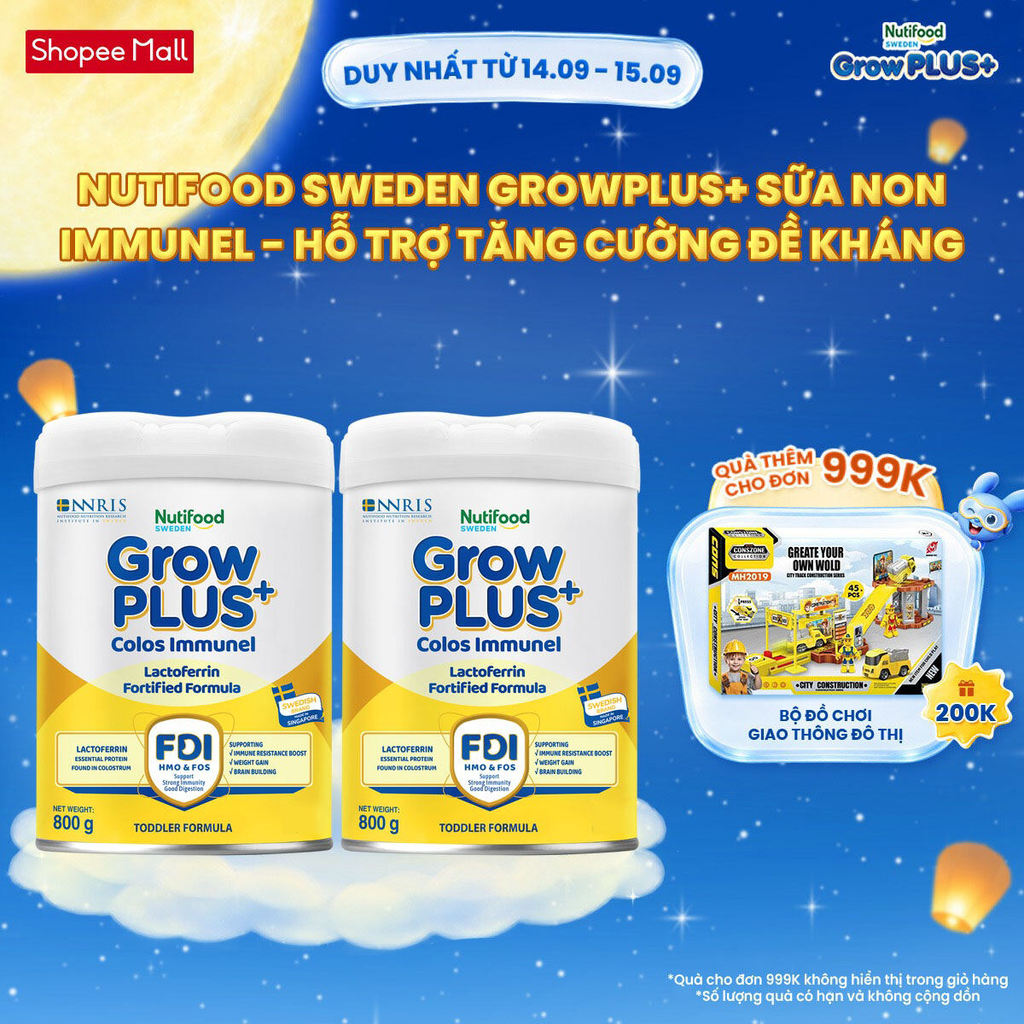 Combo 2 Sữa Bột Nutifood Sweden GrowPLUS+ Sữa Non Immunel lon 800 g (Bao bì tuỳ lô hàng)