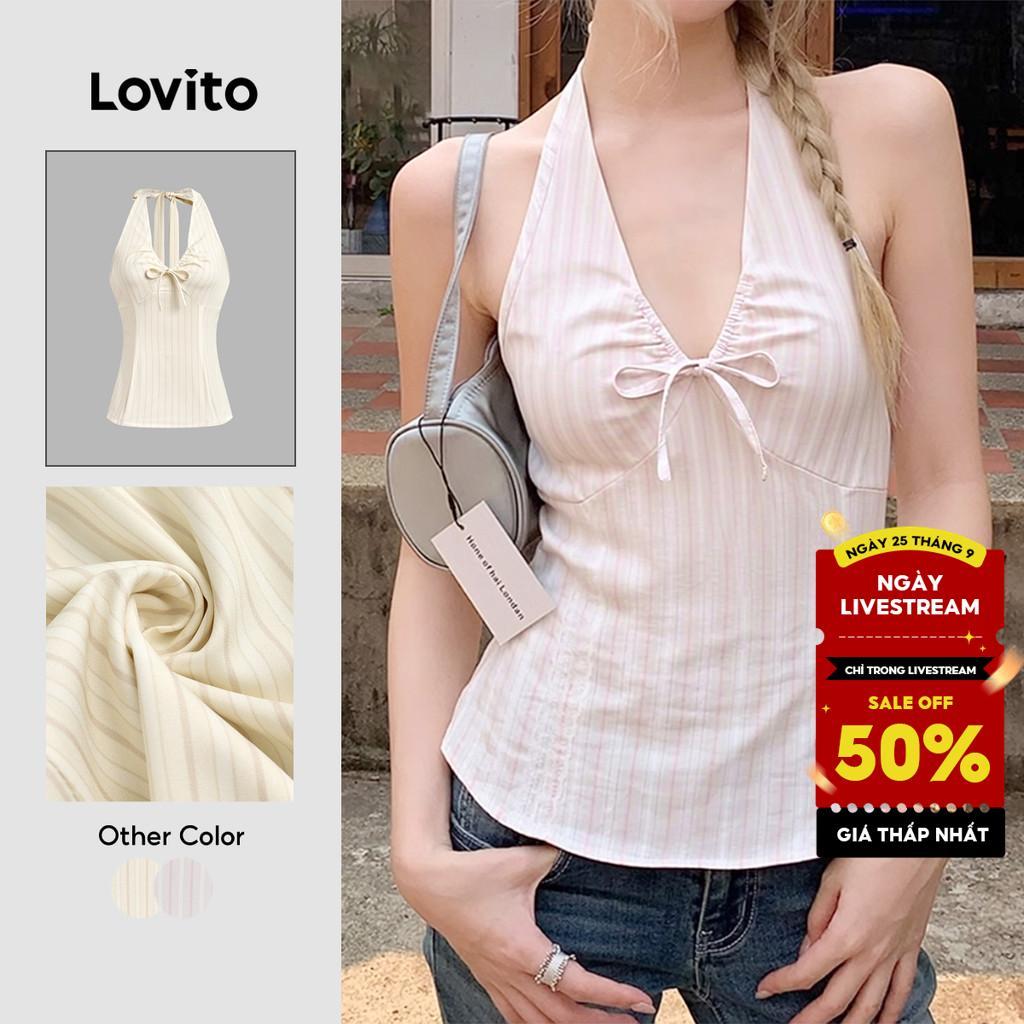 Áo sát nách nữ Lovito hồng nhạt xuân hè hở lưng buộc dây hoạ tiết kẻ sọc phong cách thường ngày L136AD305
