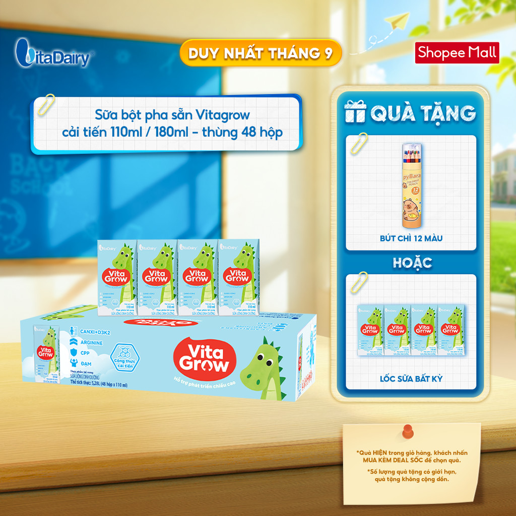 [THÙNG 48 HỘP] Sữa uống dinh dưỡng Vitagrow cải tiến 110ml/180ml - Bổ sung năng lượng, Thơm ngon dễ uống