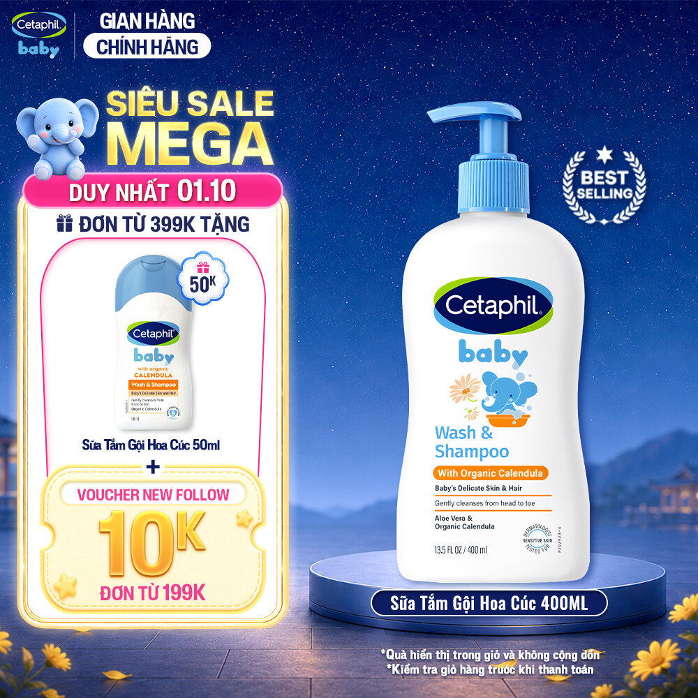 Sữa tắm gội dưỡng ẩm dịu lành cho bé với Calendula hoa cúc hữu cơ CETAPHIL BABY W&SHAMPOO CALENDULA 400ML